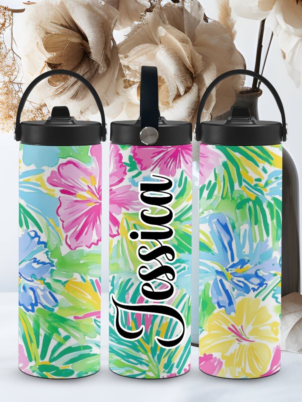 Custom Name (optional) Floral Stainless Steel Tumbler with Portable Handle